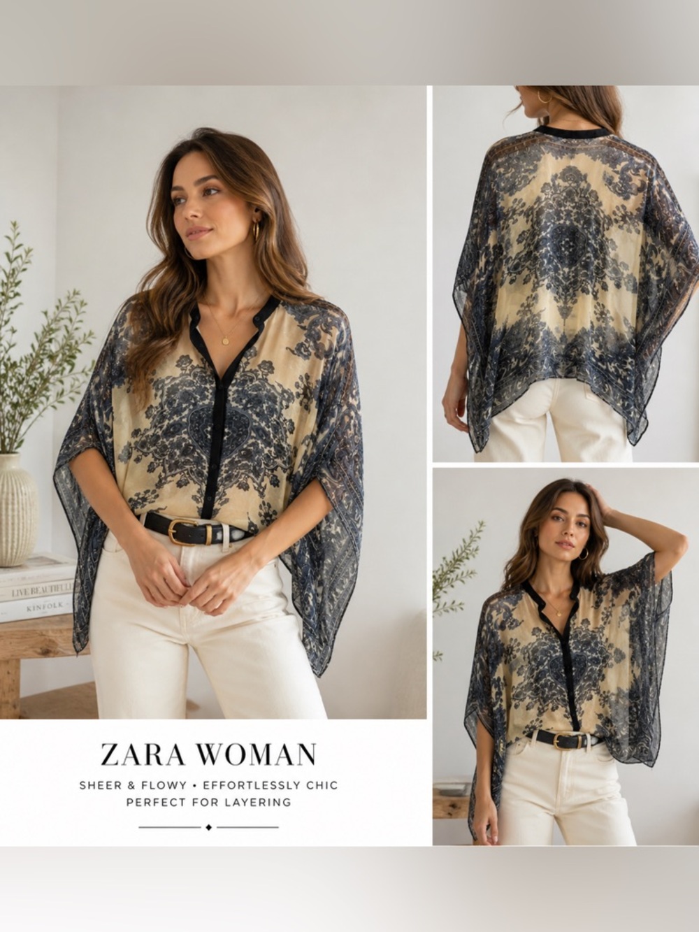 Zara Sheer Printed Kimono Blouse | Boho Flowy Chiffon Top |Neutral Black Beige